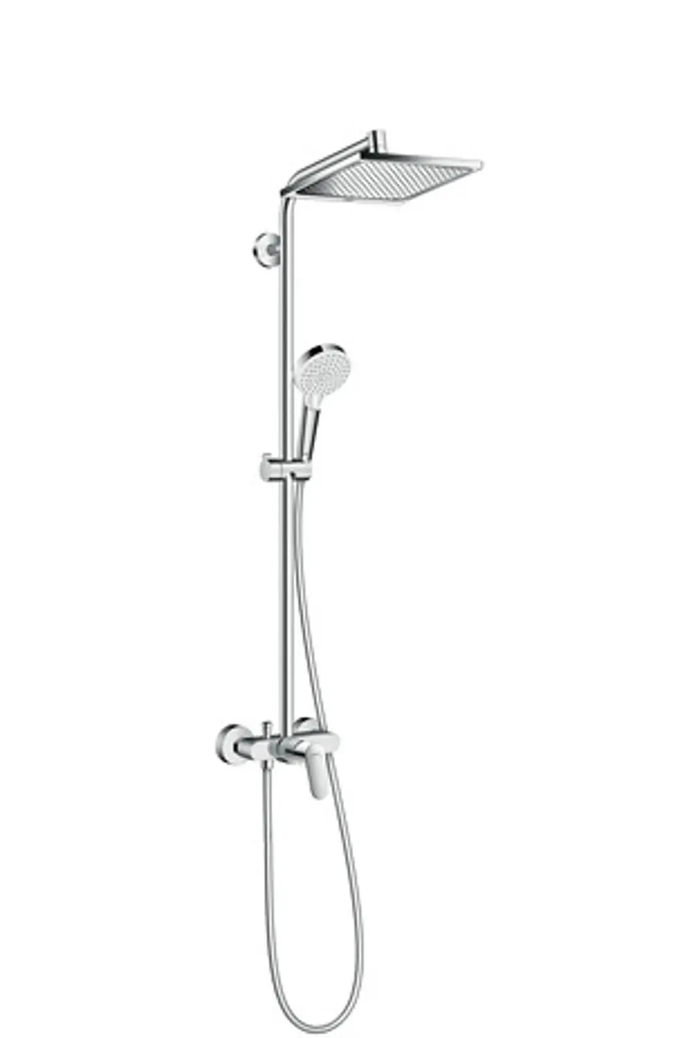 Crometta E Showerpipe von Hansgrohe mit Kopfbrause, Handbrause und Einhebelmischer in Chrom, montiert an einer Wand, mit flexibler Schlauchführung.